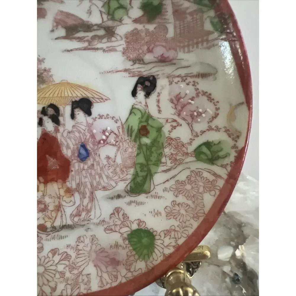 Set Of 3 Vtg Japanese Kutani Porcelain Geisha Saucer Plates Hand Painted 5.5”